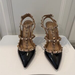 Valentino Garavani Black and Tan Studded Heels
